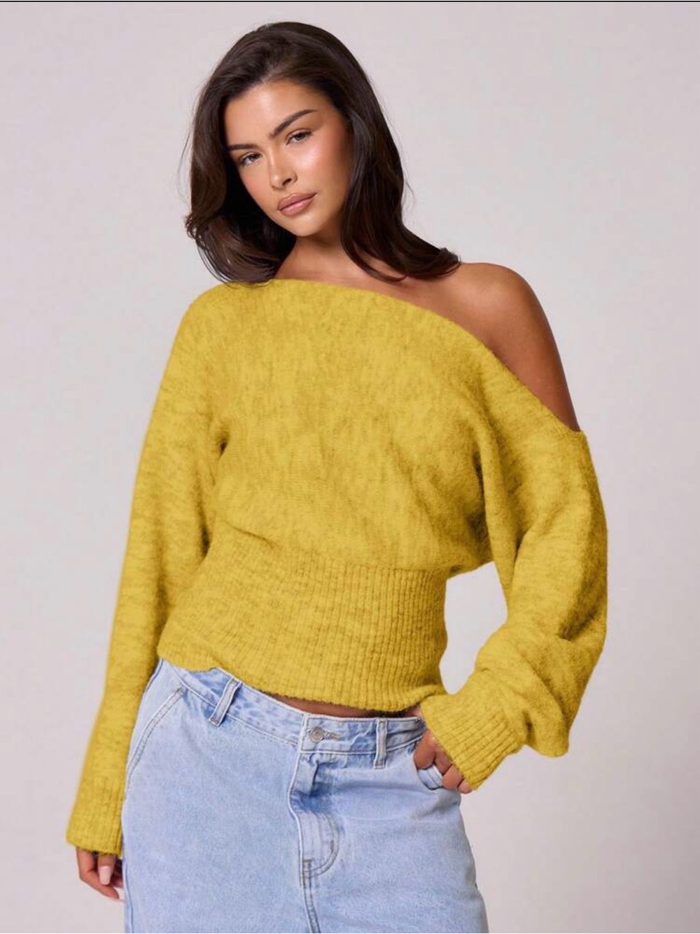 Off-the-Shoulder Mustard Knit Sweater